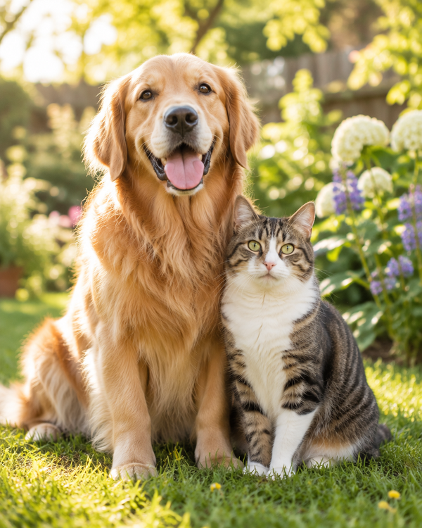 Dog and cat in a sunny garden