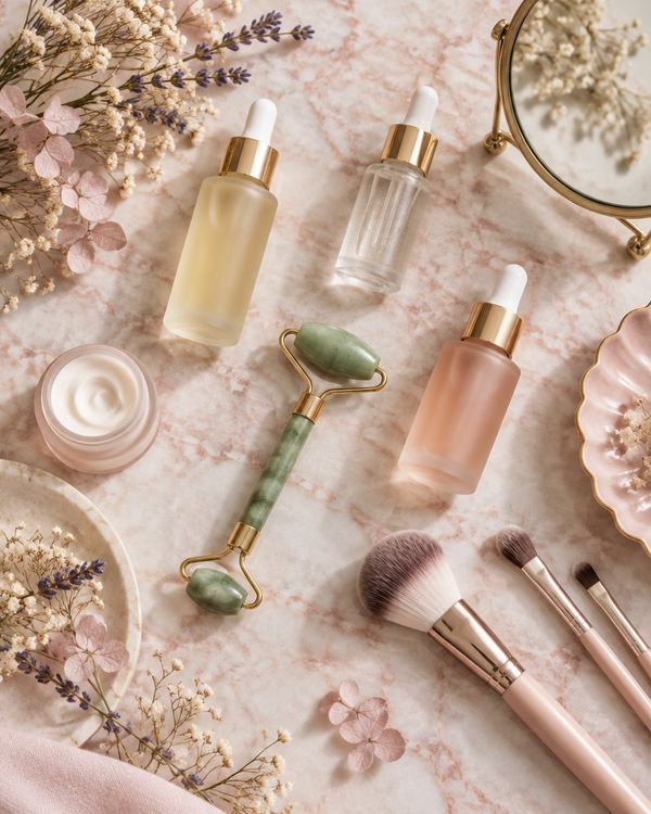Skincare and beauty tools flat lay