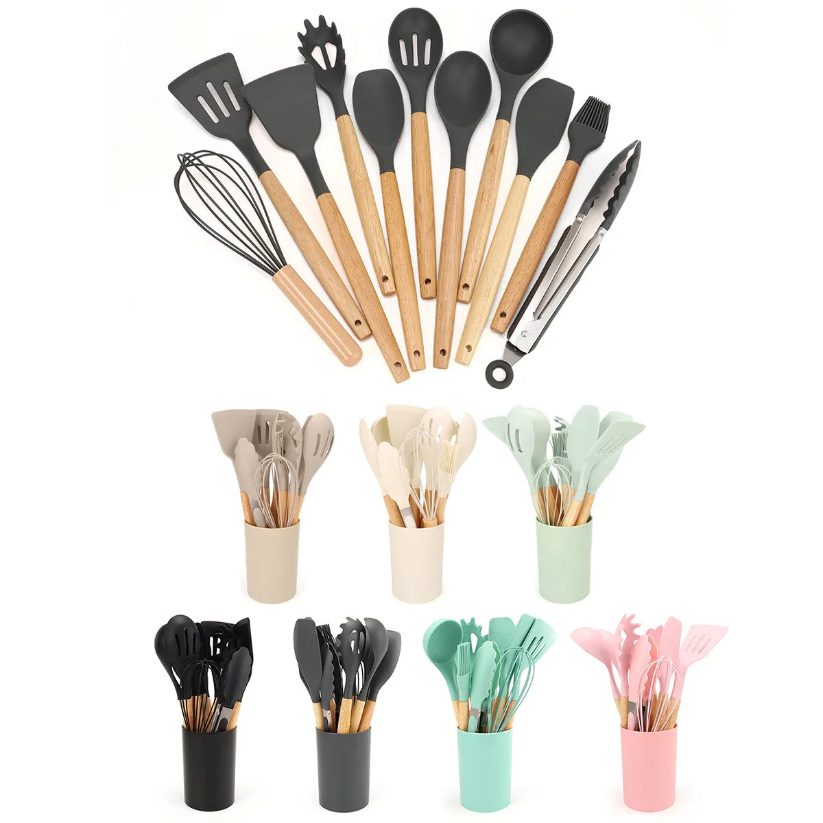 12Pcs Silicone Kitchen Utensil Set with Storage Bucket