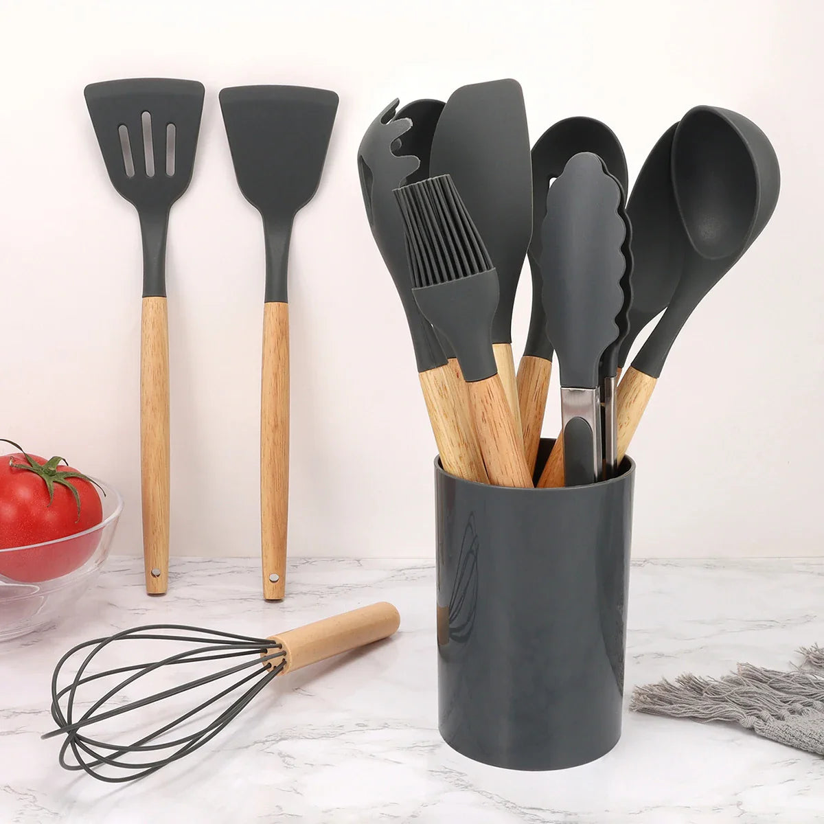 12Pcs Silicone Kitchen Utensil Set with Storage Bucket