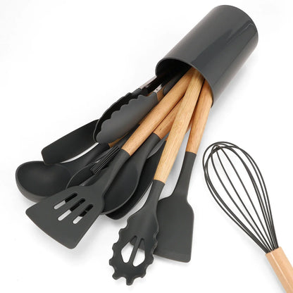 12Pcs Silicone Kitchen Utensil Set with Storage Bucket