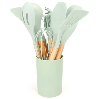 12Pcs Silicone Kitchen Utensil Set with Storage Bucket