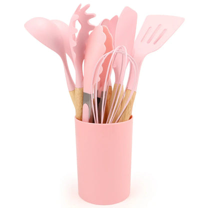 12Pcs Silicone Kitchen Utensil Set with Storage Bucket