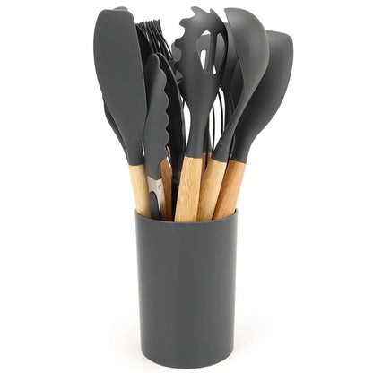 12Pcs Silicone Kitchen Utensil Set with Storage Bucket