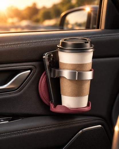 SnugSip leather cup holder clipped to a car door with coffee and phone