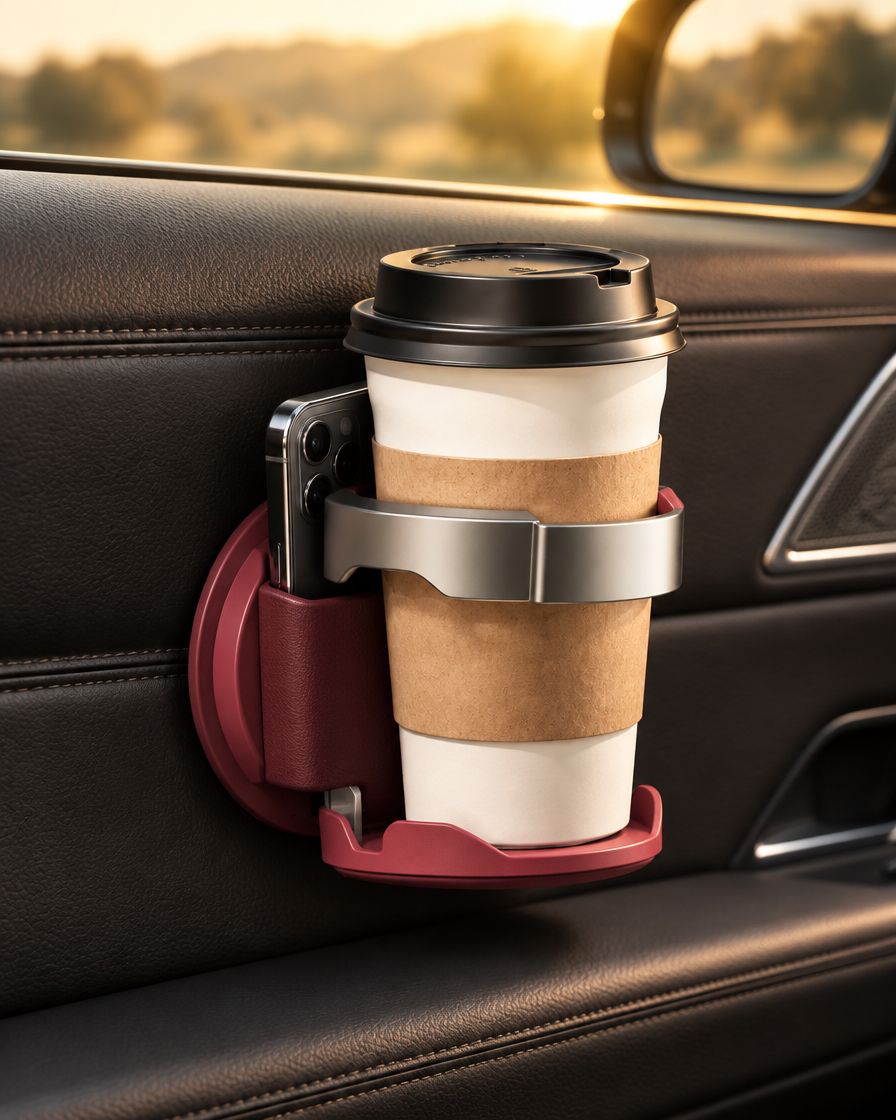 SnugSip leather cup holder in a luxury car interior